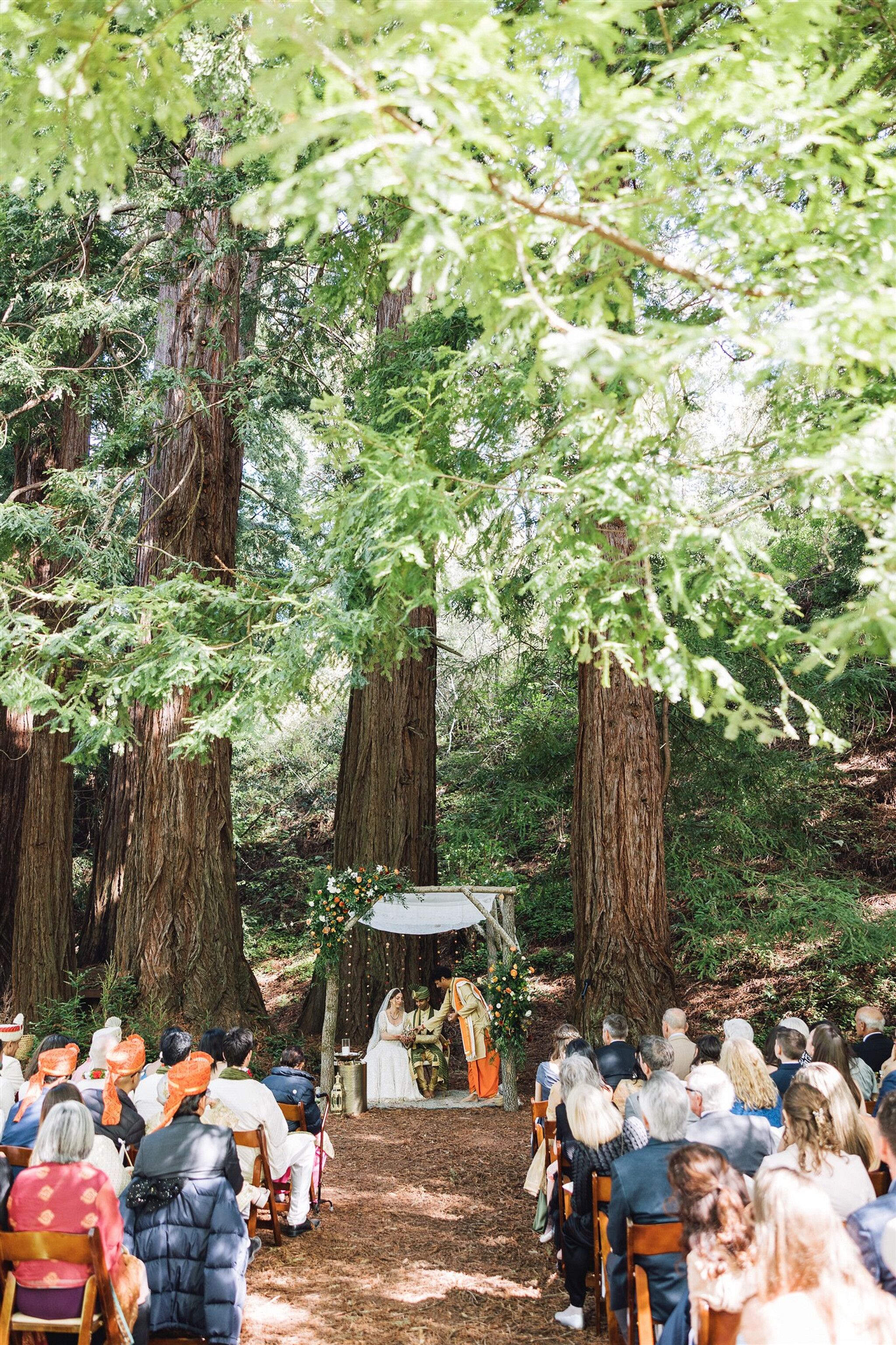 Guests Watching Interfaith Ceremony Under Redwood Trees at Chuppah-Mandap