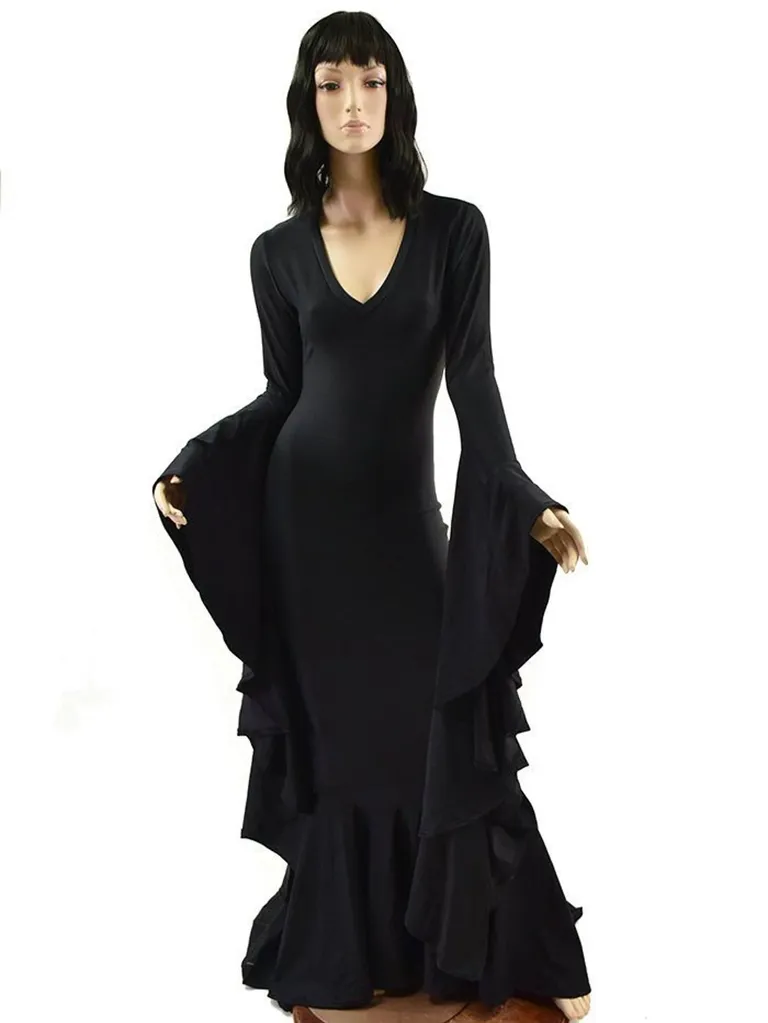 Maxi mermaid dress with ruffle skirt and bell sleeves