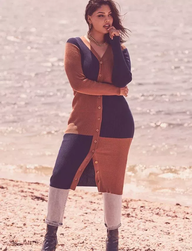color blocked button up sweater dress