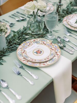 Fine China Charger Plates With Floral Detailing at Garden Party Wedding Reception, Green Table Details