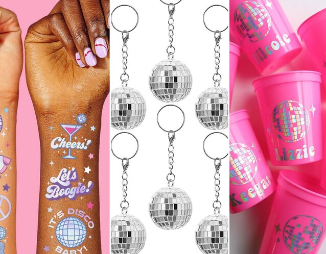 collage of disco bachelorette party favors including temporary tattoos, disco ball keychains and disco ball cups