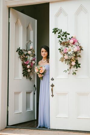 Bridesmaid in Lavender with Peony and Rose Chapel Door Decor