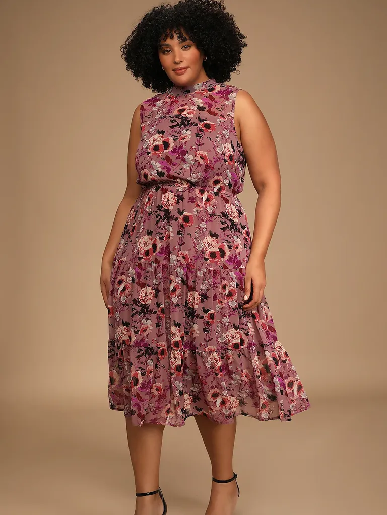 Mauve Floral Print Midi Wedding Guest Dress