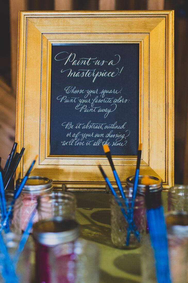 Instead of a traditional guest book, Shayne and Brad invite their guests to contribute to filling in a collective painting, which was sketched by Shayne's sister.