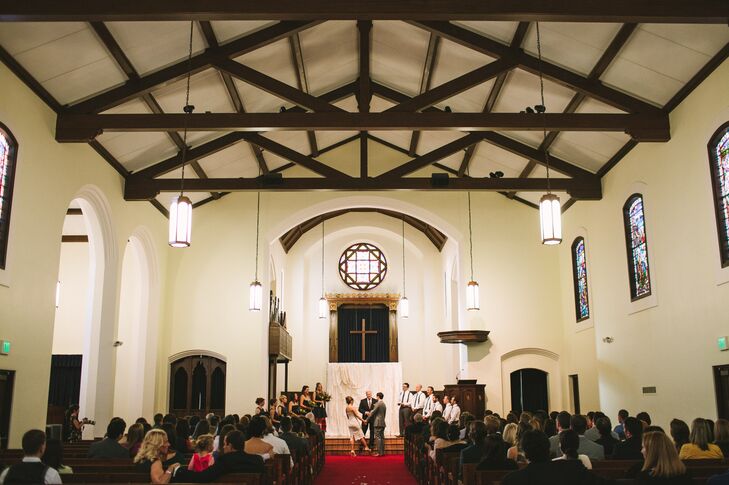 Megan and Ray exchanged vows at The North Chapel in San Diego. They loved the rustic venue with vaulted wood-beamed ceilings, ornate stained glass windows and gothic chandeliers.