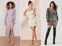Collage of three Eras-inspired bachelorette party outfits. 