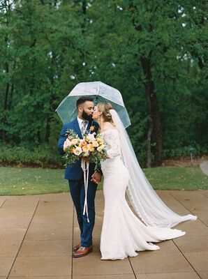 Bride and Groom Under Umbrella at Daytime Brunch Wedding