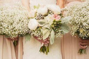 Bouquet with Dusty Miller, Peonies, Silver Brunia and Garden Roses