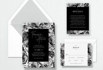 Vera Wang x The Knot Rose Garden wedding invitation suite with black and white floral border