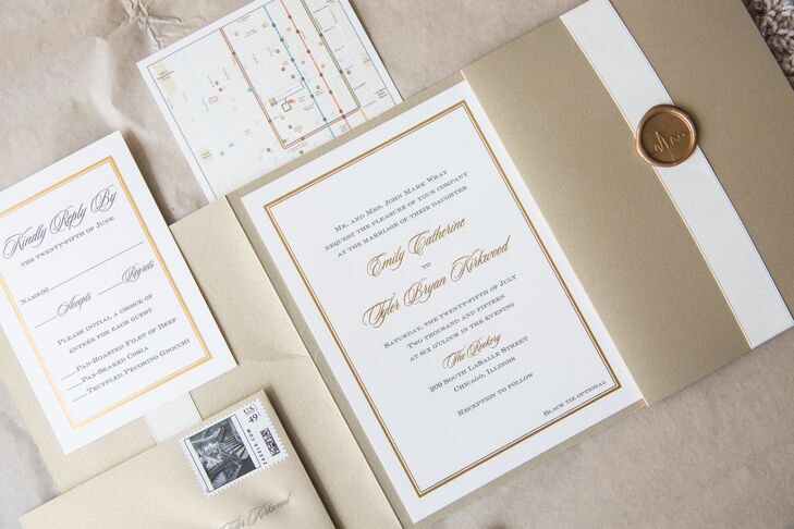 As a nod to Emily and Tyler's elegant venue, gold and white invitations incorporated illustrated stamps that depicted the Rookery's staircase.