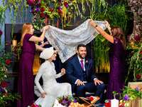 happy couple band streets colorful wedding