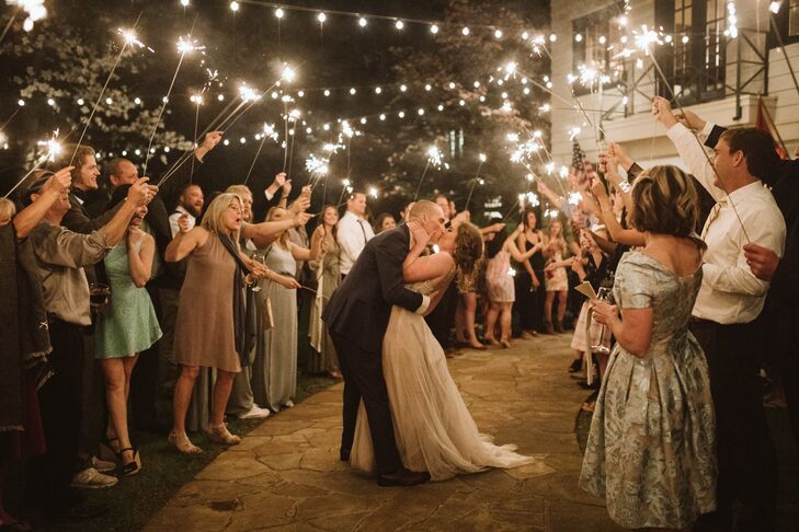 Classic Sparkler Send-Off with Overhead String Lights