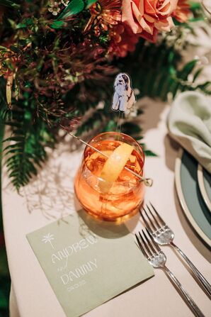 Custom Cocktail Napkins and Drink With Fruit and Custom Stirrer With Couple's Dog