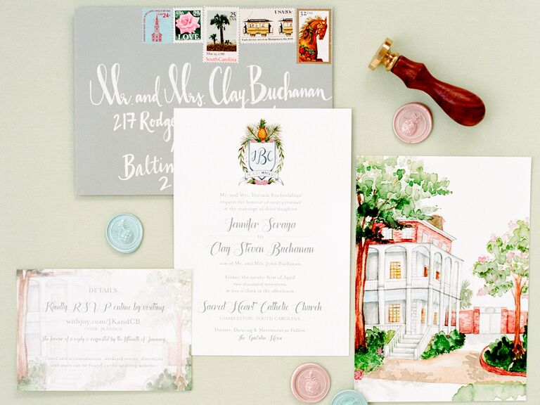 Wedding invitation suite featuring envelope with stamps