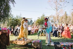 Bride and Partner at Outdoor Ranch Altar With Indigenous Speaker at Ceremony