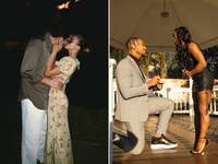 Photo 1: Sofia Richie kissing her fiance after he proposed. Photo 2: Simone Biles' fiance proposing