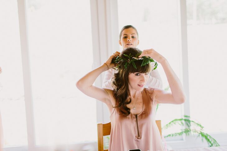 Bride Putting On Flower Crown