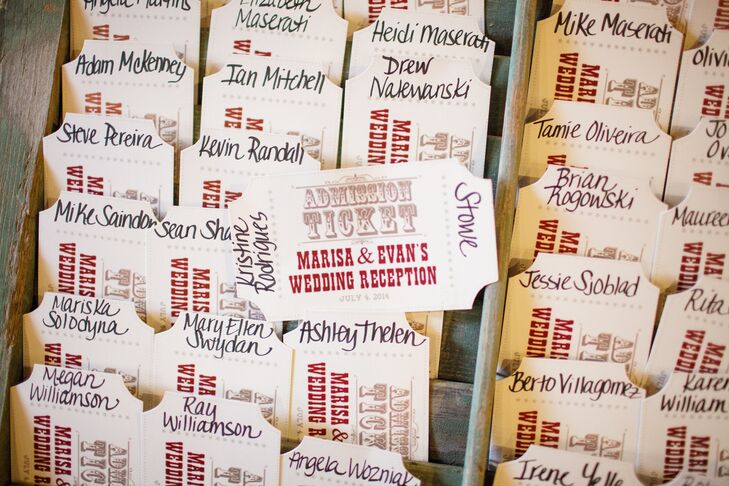 Marisa and Evan's escort cards were DIY, printed to look like country fair tickets. These were a preview of their all-American vintage reception to follow.