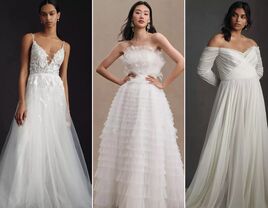 Collage of affordable wedding dresses. 