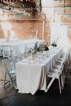 White Dining Tables with Lilac Delphiniums