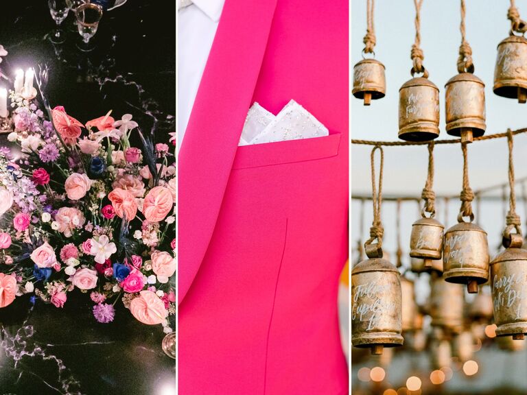 collage of three photos showcasing 2022 wedding color trends: very peri, green, desert wedding colors