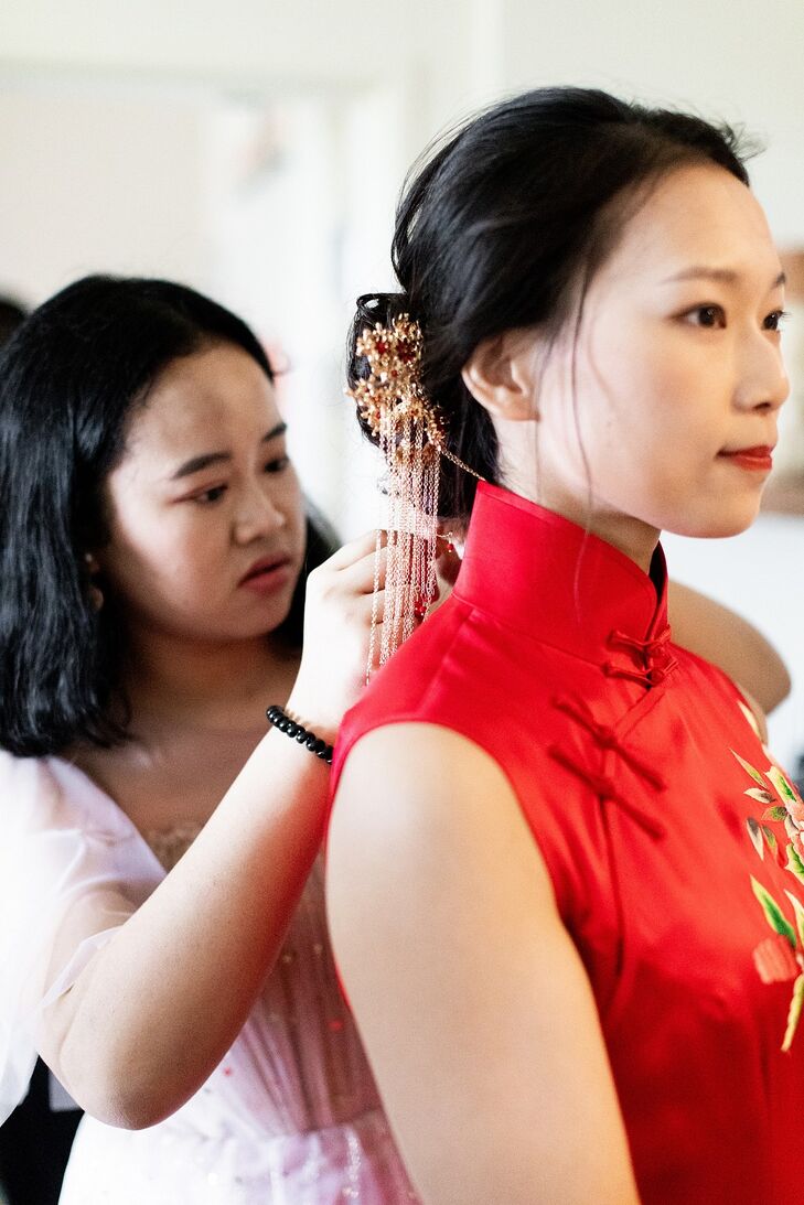 Bride Putting on Red Chinese Cheongsam for Wedding at the University of Illinois