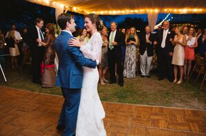 Tented Reception String Lights and Wooden Dance Floor