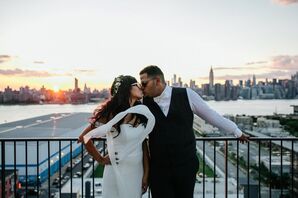 Bride and Groom With New York City Skyline at Sunset