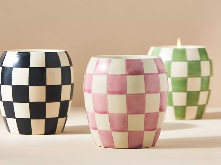 Porcelain checkered candles for an 18th anniversary gift. 