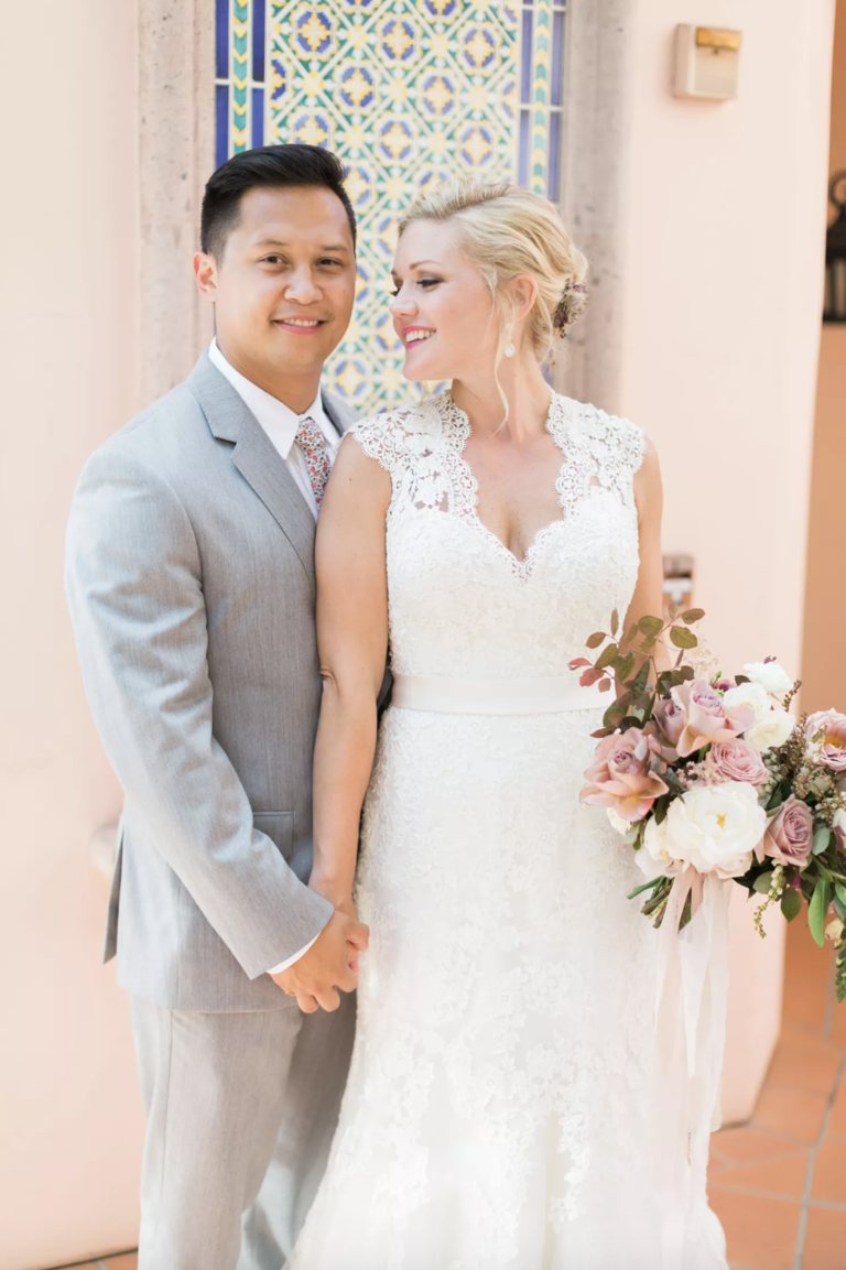Queen Anne neckline with lace sleeves