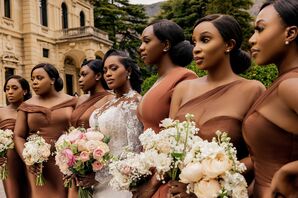 Bride With Blush-and-White Bouquet and Bridesmaids in Brown Dresses in Italy