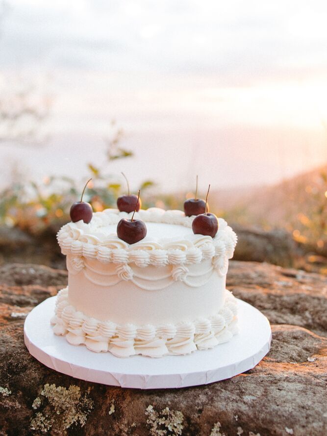 trendy 2023 wedding cake idea simple one tier vintage lambeth wedding cake with white piping and cherries