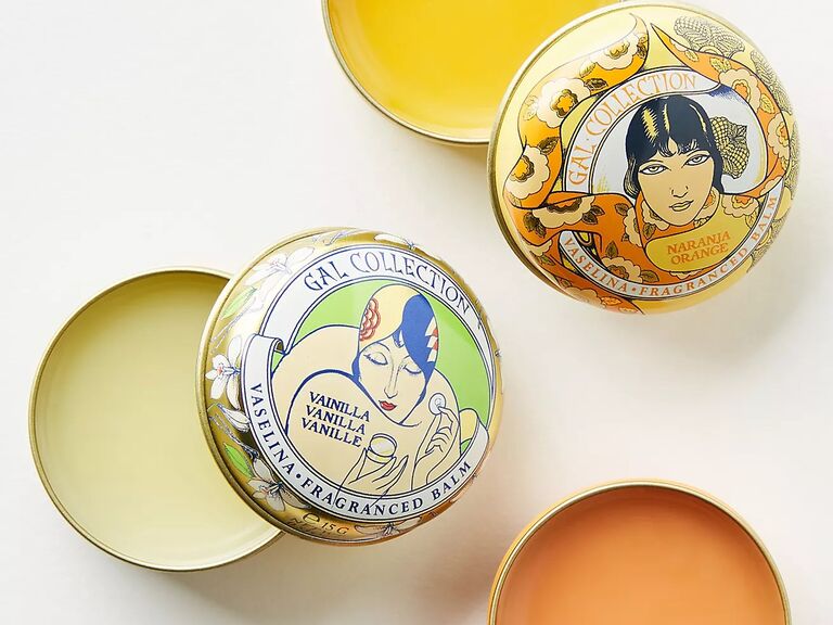 Assorted lip balms in vintage tins bridal shower favor