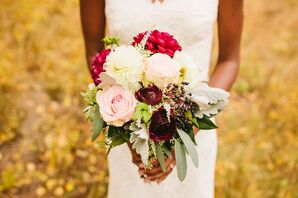 Romantic Bouquet of Roses, Dahlias and Burgundy Ranunculus