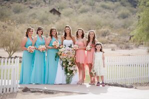 Aqua Chiffon Bridesmaids Dresses with Peach Bouquets