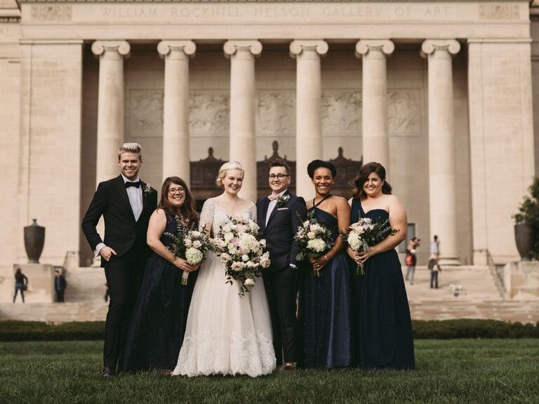 wedding party photos in front of museum
