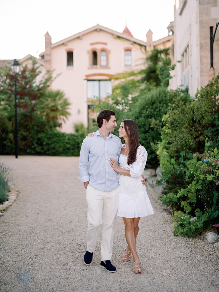 Bride and Groom in Smart-Casual Attire Strolling in the South of France