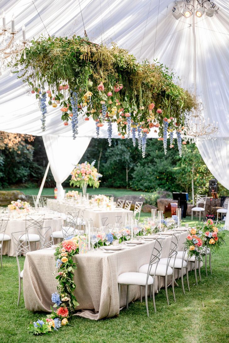 Tented Reception with Flower Garland Centerpieces and Hanging Greenery