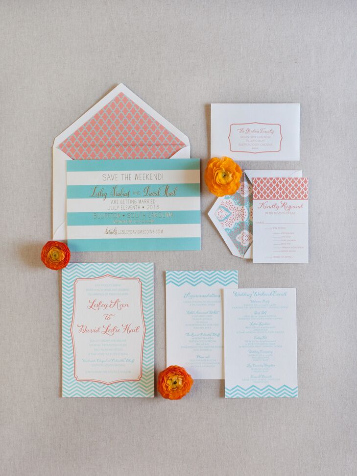 As an event planner, Lesley knew how important the stationery was to set the tone for the wedding. Fun, bold patterns were used for the liners and borders following the wedding's turquoise and coral color scheme.