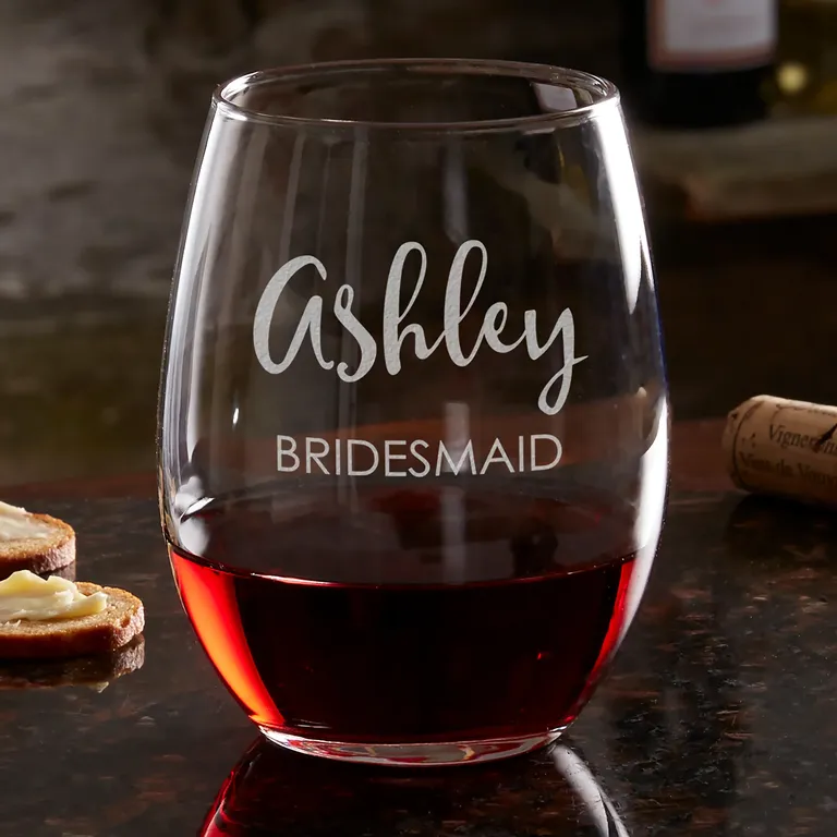 Personalized stemless bridal party wine glass