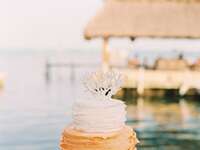 Orange and white ruffled beach wedding cake with coral topper