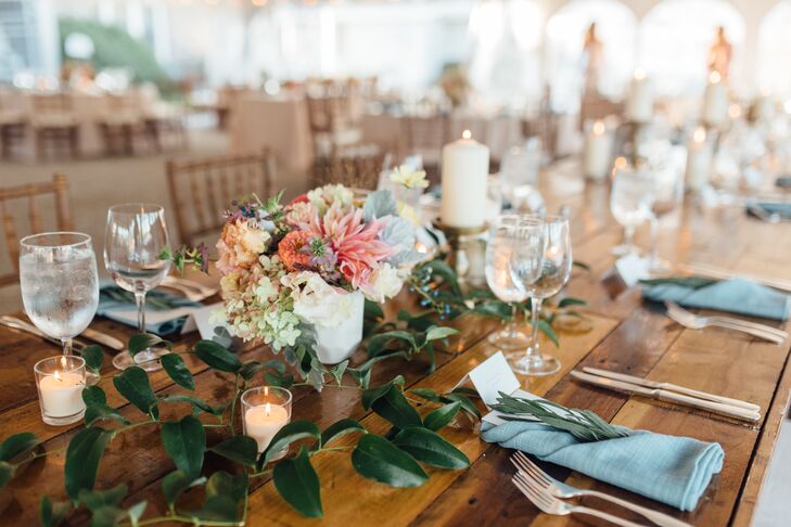 Rustic Wood Farm Table with Bright Dahlia Centerpieces and Blue Linens