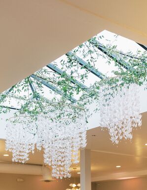 Custom-Made Origami Chandeliers With White Paper Cranes, Ivy Greenery