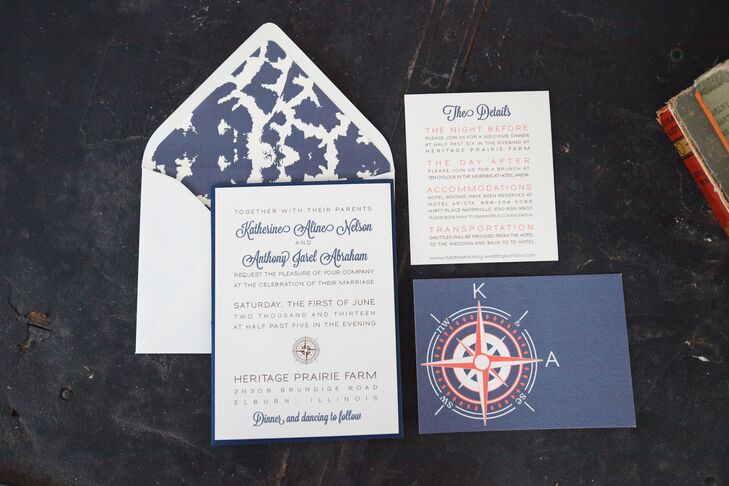 A compass motif appeared in multiple pieces of the wedding stationery, which complemented their “Nantucket chic” style.