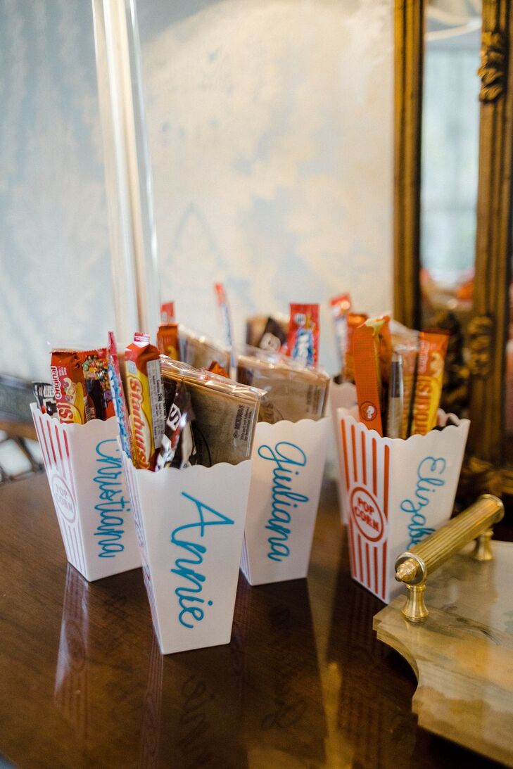 Popcorn Tubs as Bridesmaid Favors at Wedding Party Sleepover