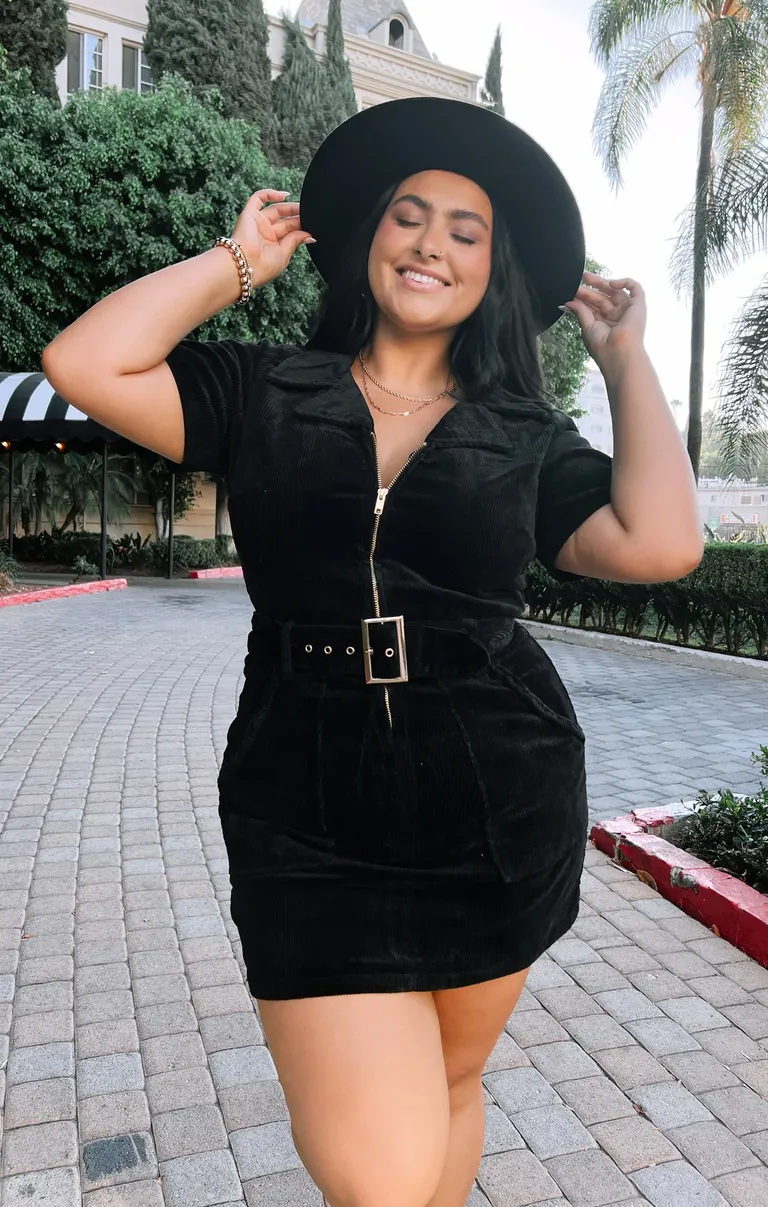 black corduroy zip up mini dress with belt and collar