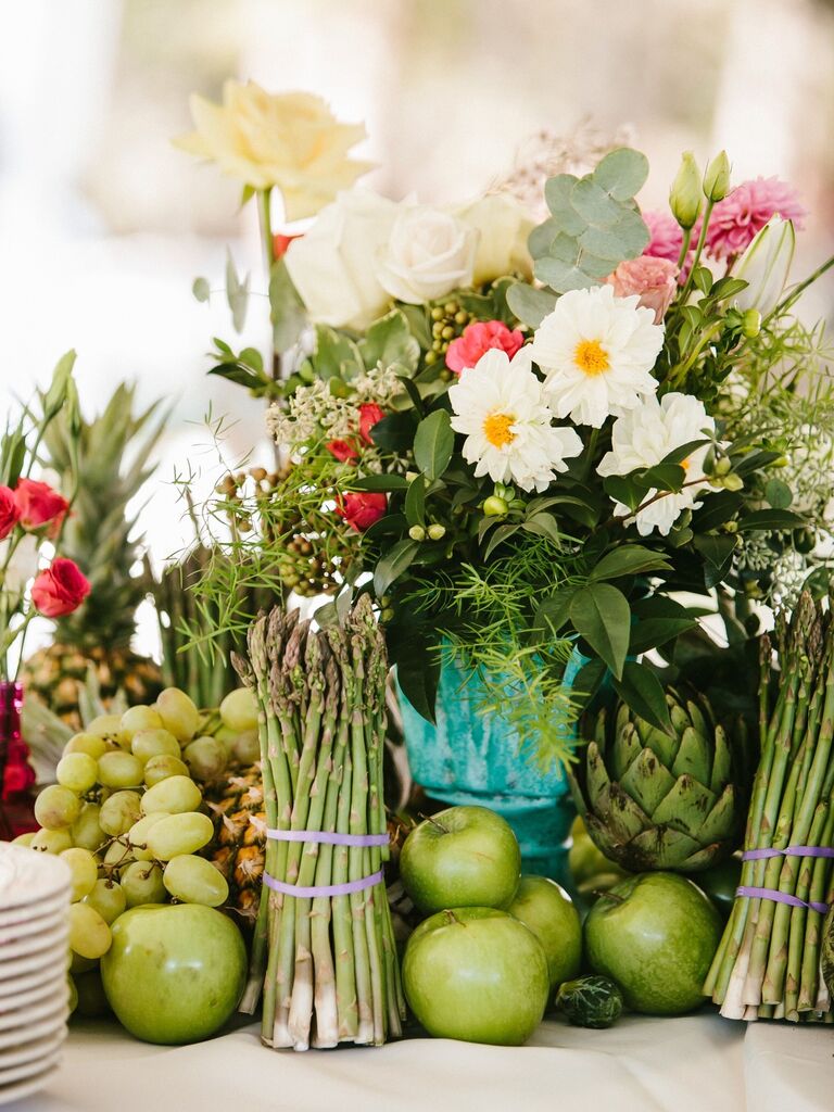 Farm to table wedding centerpieces floral fruit arrangements
