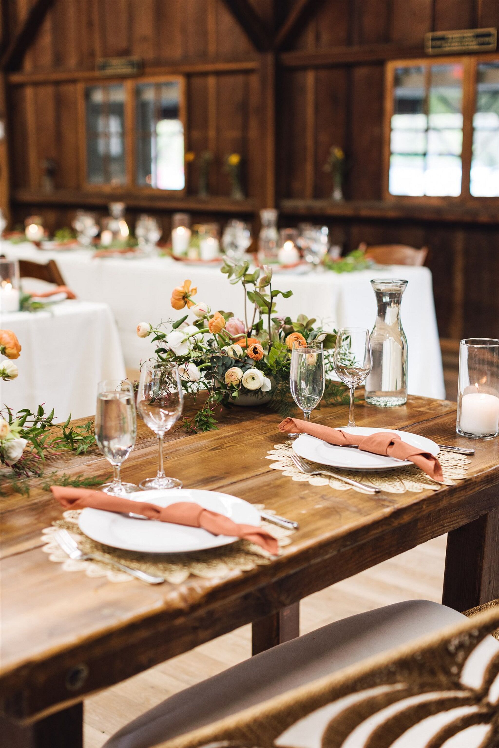 Rustic Wooden Tablescape, Low Centerpieces and Woven Placemats at Reception