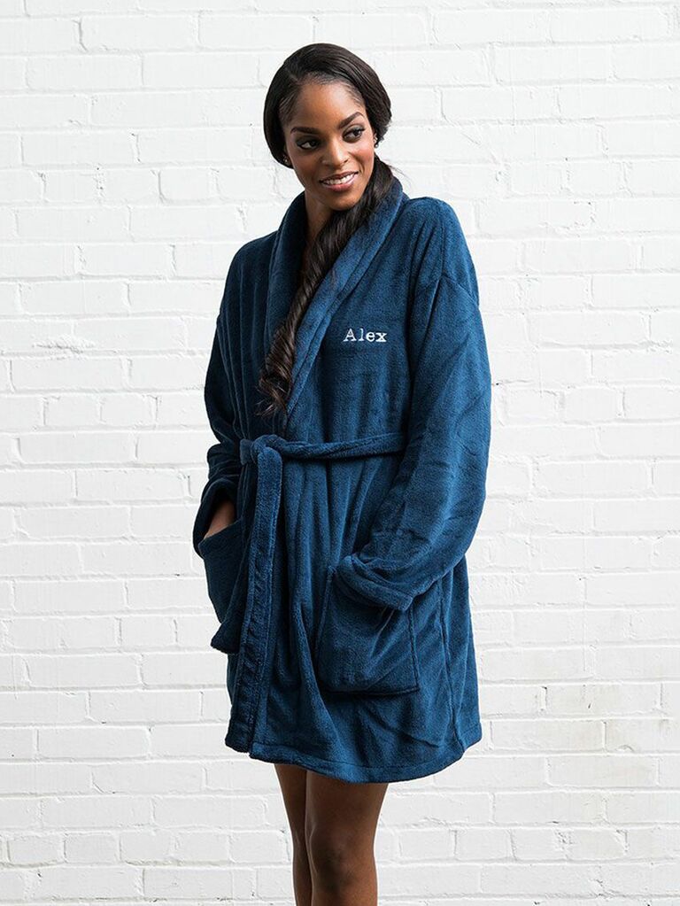 navy fleece bridesmaid robes with monogram detailing