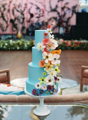 Unique Blue Cake With Four Tiers, Rainbow Ombre Flowers